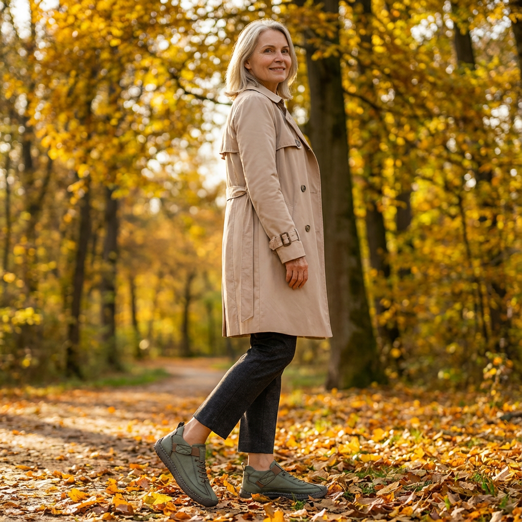 Woman in beige coat walks through golden autumn woods wearing green trainers with elastic laces 19