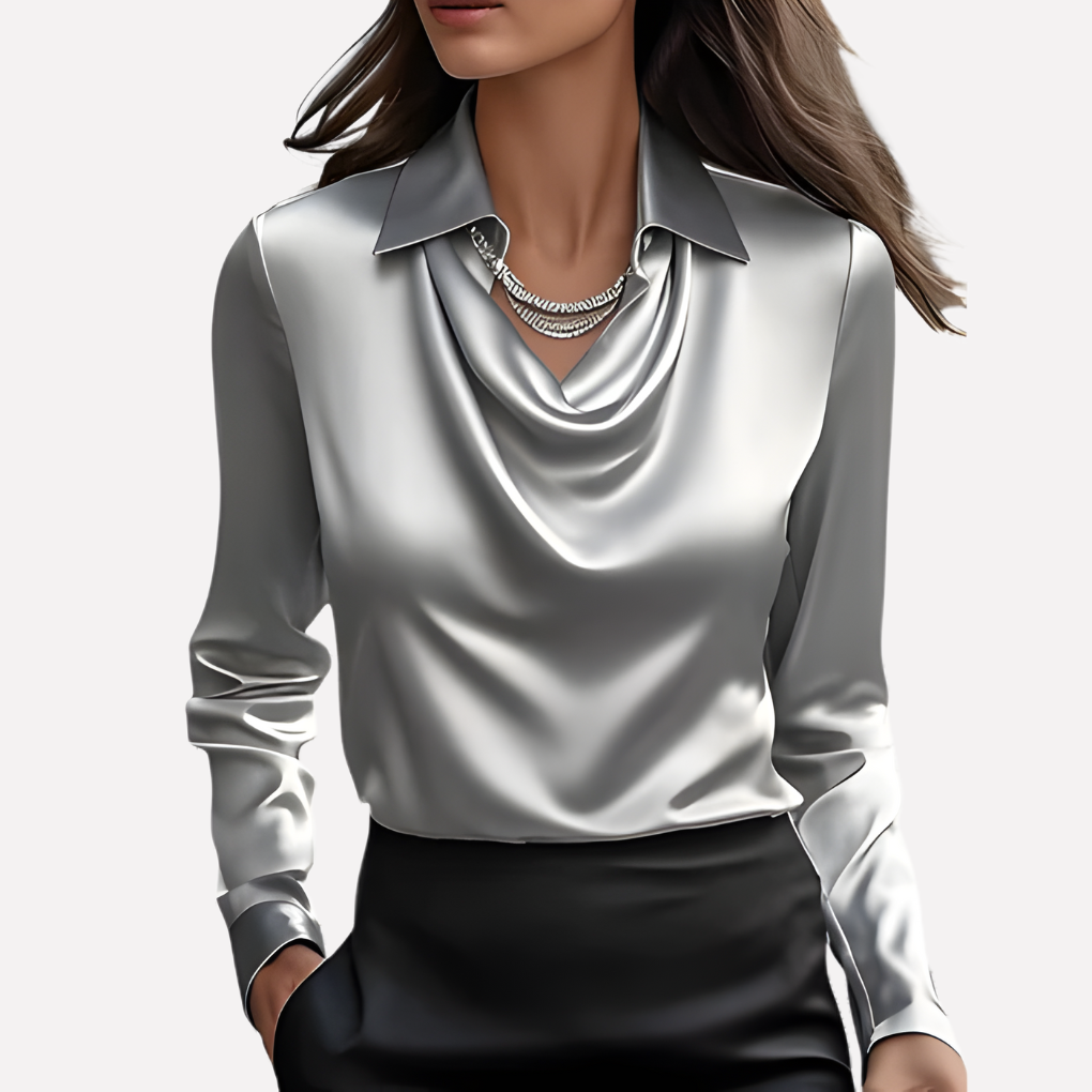 Model wearing the silver-grey satin blouse with shiny draped cowl neckline, layered necklaces and black skirt 8