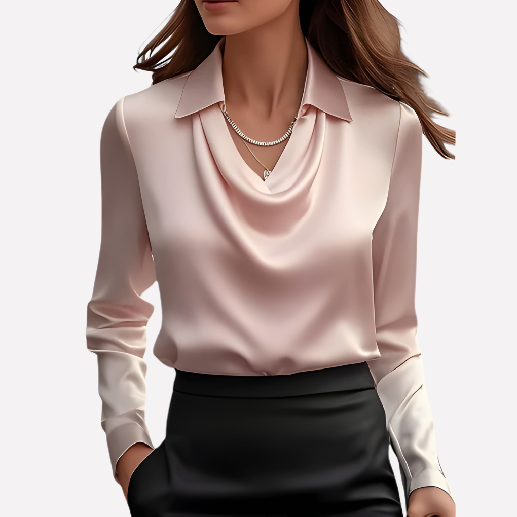 Model wearing the soft pink satin blouse with draped cowl neckline and collar, with a black skirt 9