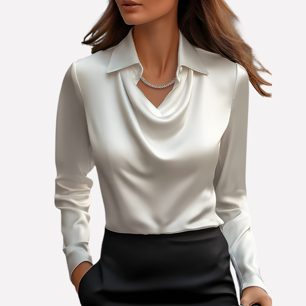 Model wearing the white satin blouse with a draped cowl neckline, collar and black skirt 1