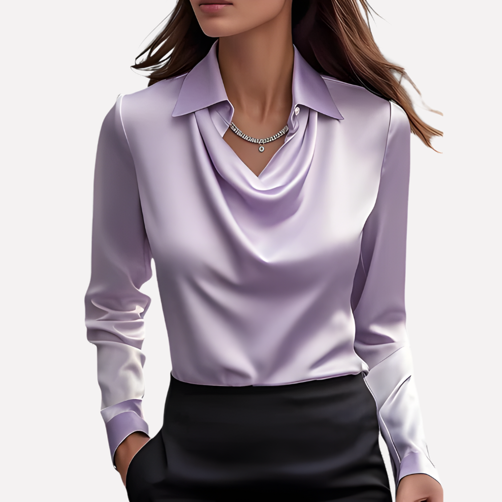 Model wearing the lilac satin blouse with cowl neckline, pointed collar and cuffs, with a black skirt 7