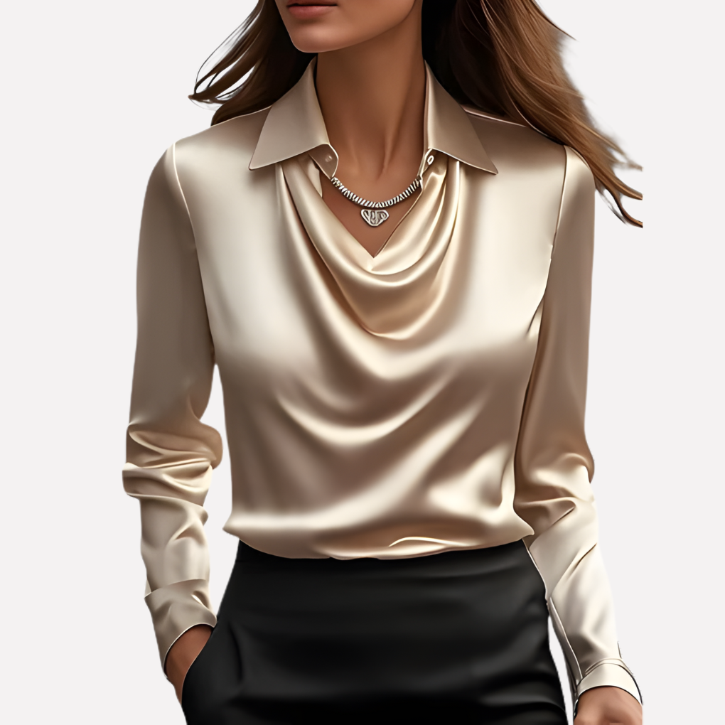Model wearing the champagne satin blouse with glossy cowl neckline and collar, with a pendant necklace 5