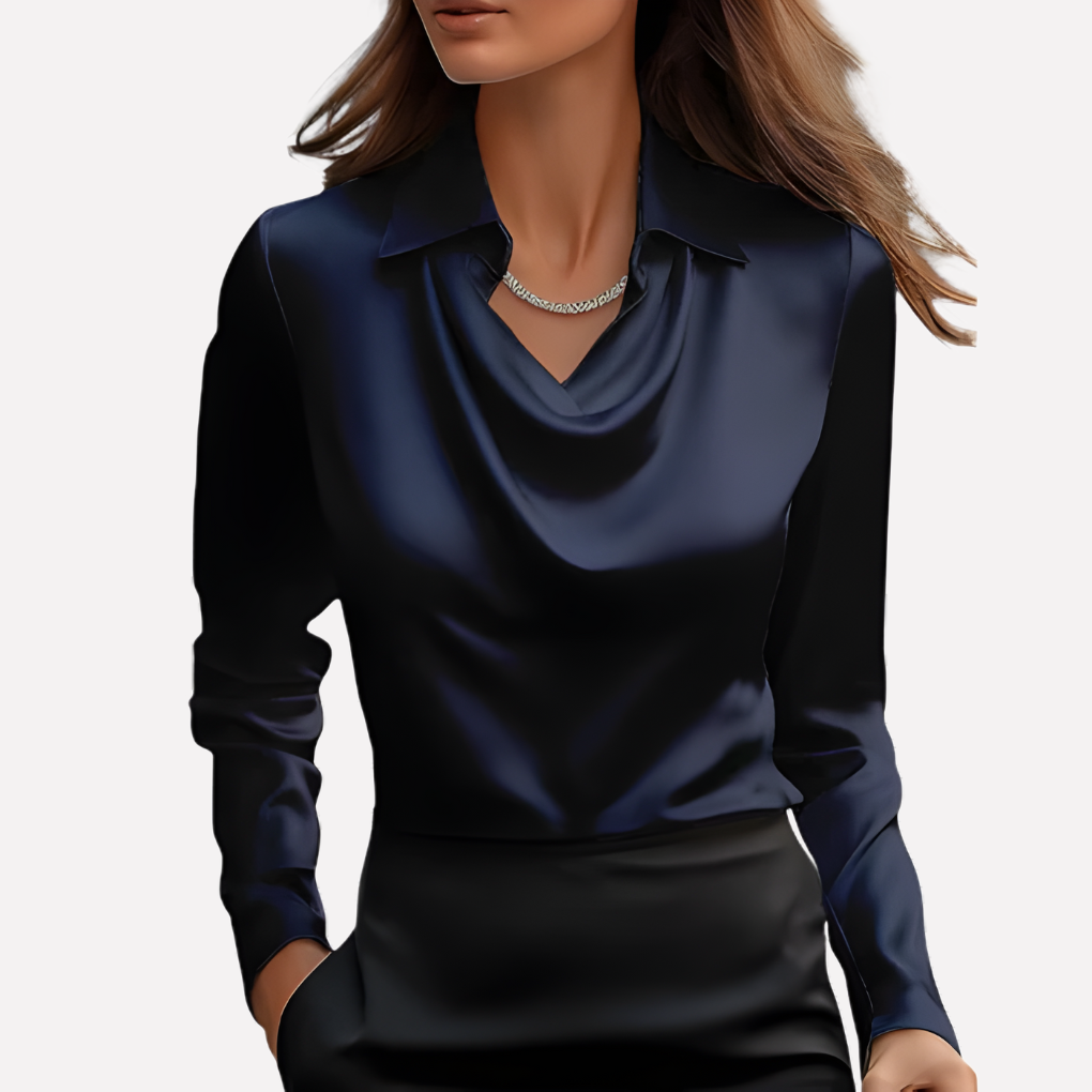 Model wearing the dark navy satin blouse with draped cowl neckline and collar, paired with a black skirt 3