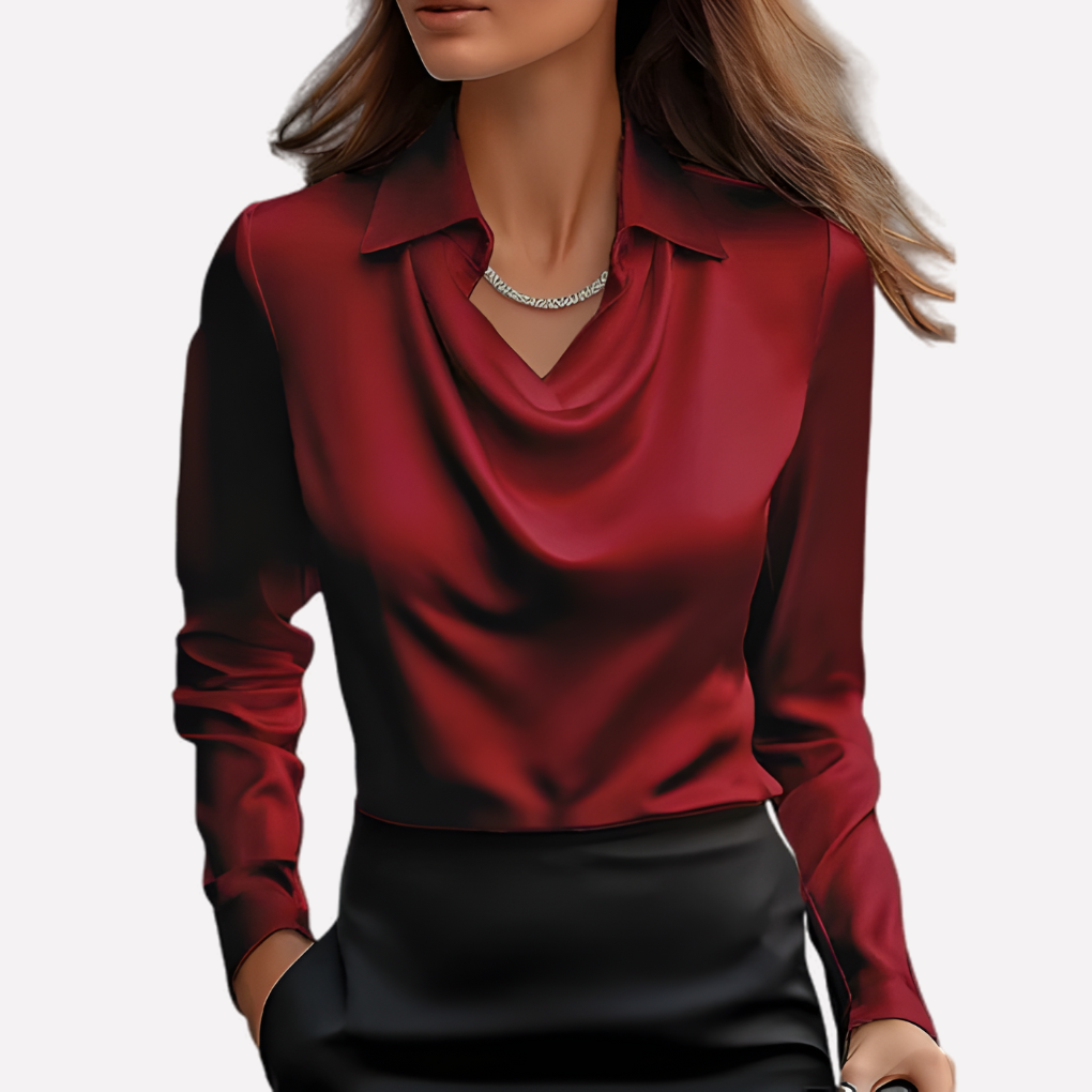Model wearing the deep red satin blouse with soft cowl neckline and collar, tucked into a black skirt 4