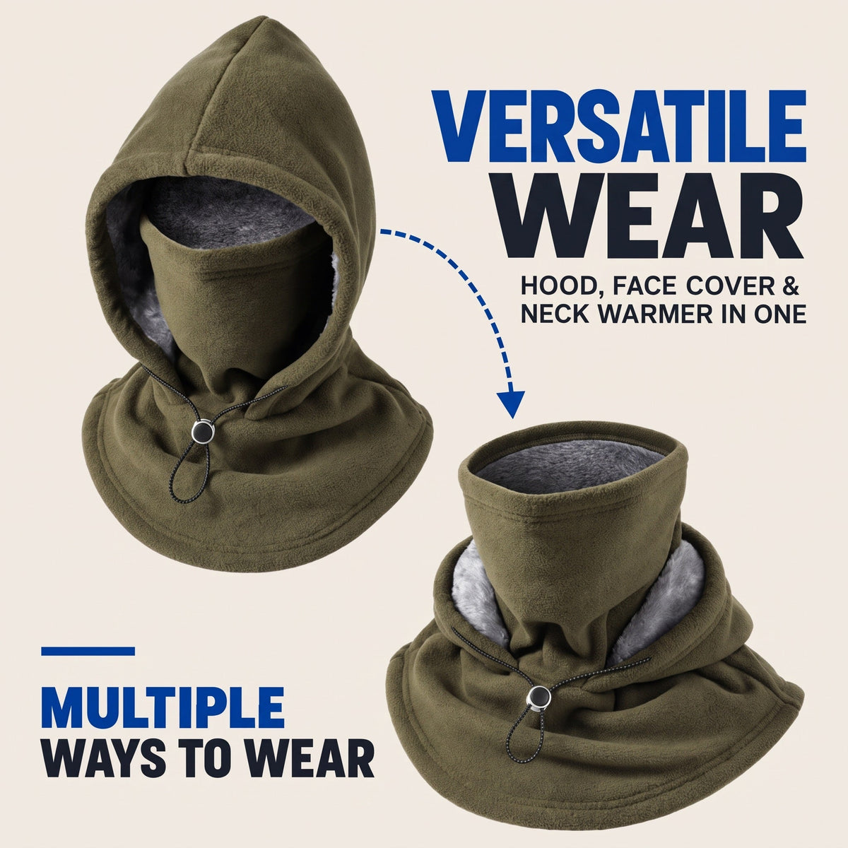Olive green hood shown beside the same piece folded down and worn as a neck warmer 3
