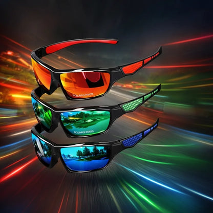 Three pairs in red, green and blue mirrored lenses stacked against a colourful light-streak speed background 8