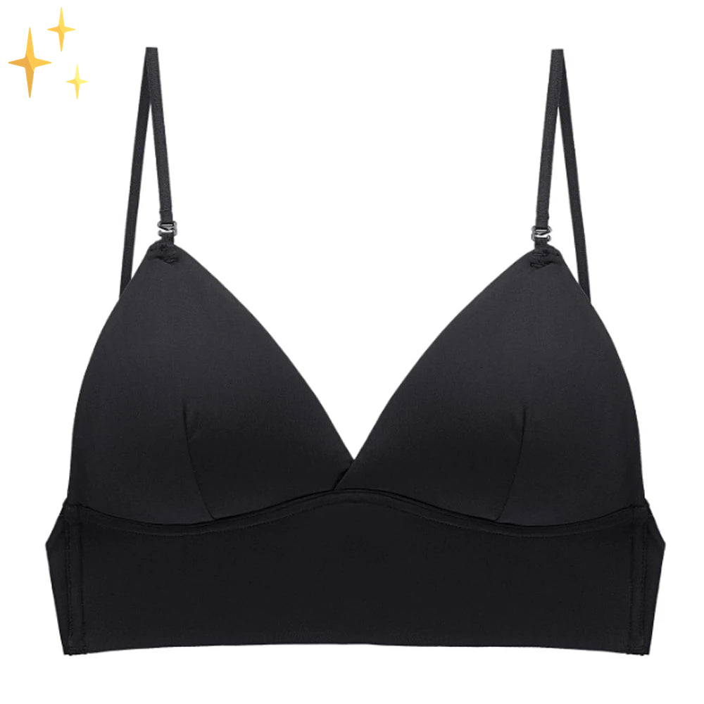 Flat front view of the black bra with a V-shaped neckline, fine adjustable straps and a wide smooth lower band. 7