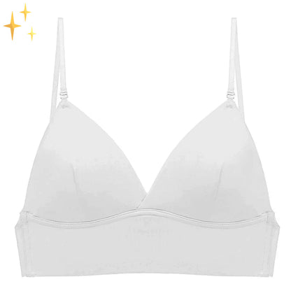 Front view of the white triangle-cup bra with clear-looking thin straps and a smooth, wide band, flat on white. 10