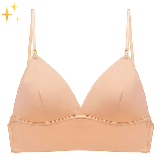 Front view of a plain nude triangle-cup bra with thin adjustable straps and gold-toned strap hooks, shown flat on white. 1