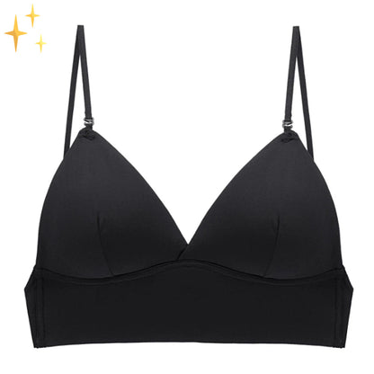 Front view of the black triangle-cup bra with thin straps, small metal strap adjusters and smooth cups, flat on white. 6