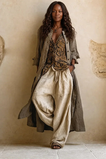 Front view of the model in the complete set, long cardigan open over the top and trousers 3