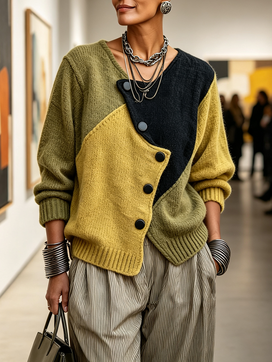Model wearing the colour-block knit with striped trousers and a green handbag in an art gallery 2