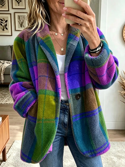 Same coat in a purple, blue and green plaid colourway, worn open over jeans in a mirror selfie. 4