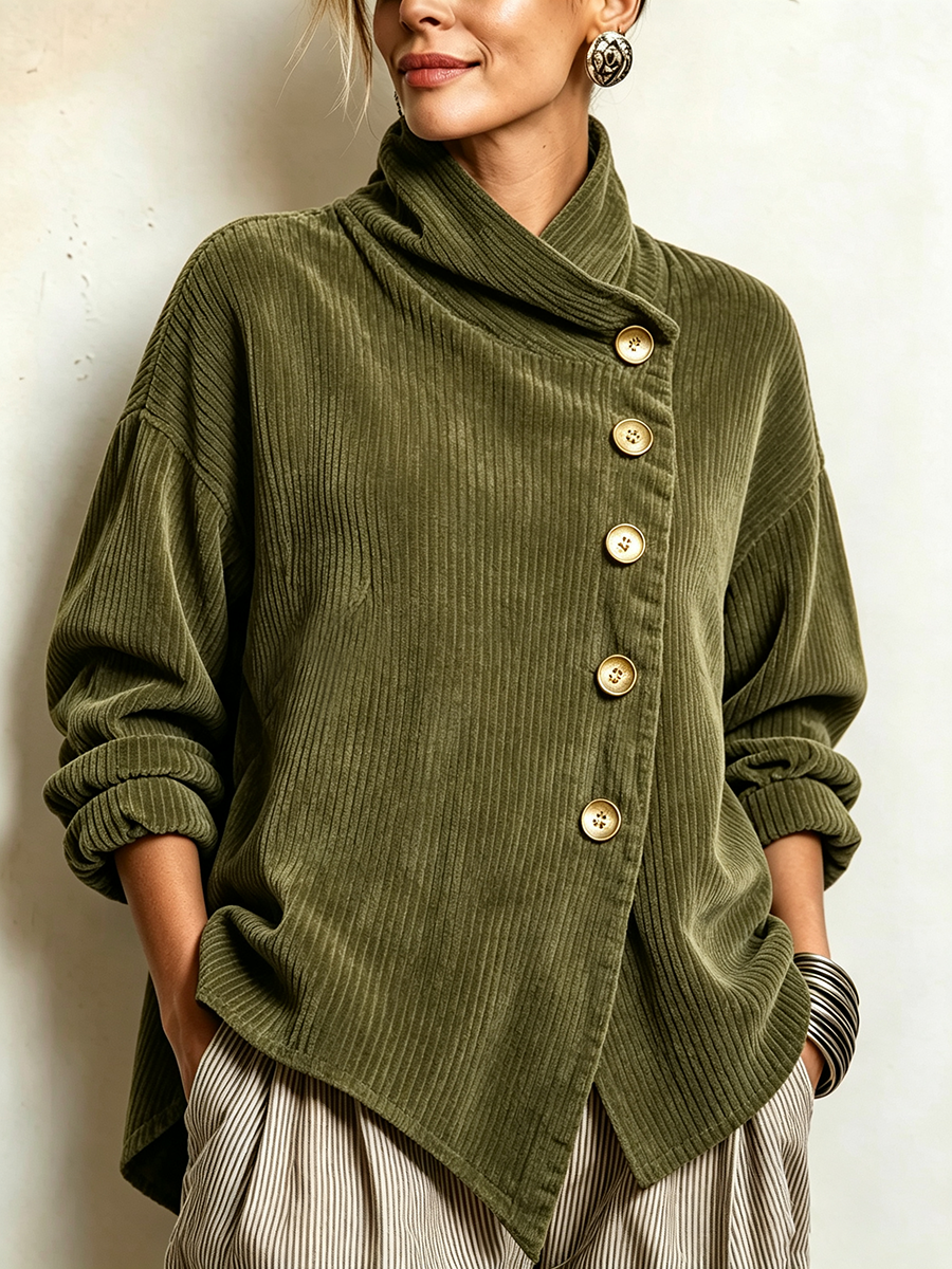 Close-up of the olive green ribbed corduroy sweater with slanted gold buttons, funnel collar and rolled sleeves 1