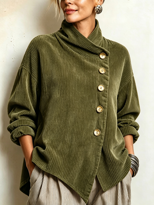 Close-up of the olive green ribbed corduroy sweater with slanted gold buttons, funnel collar and rolled sleeves 1