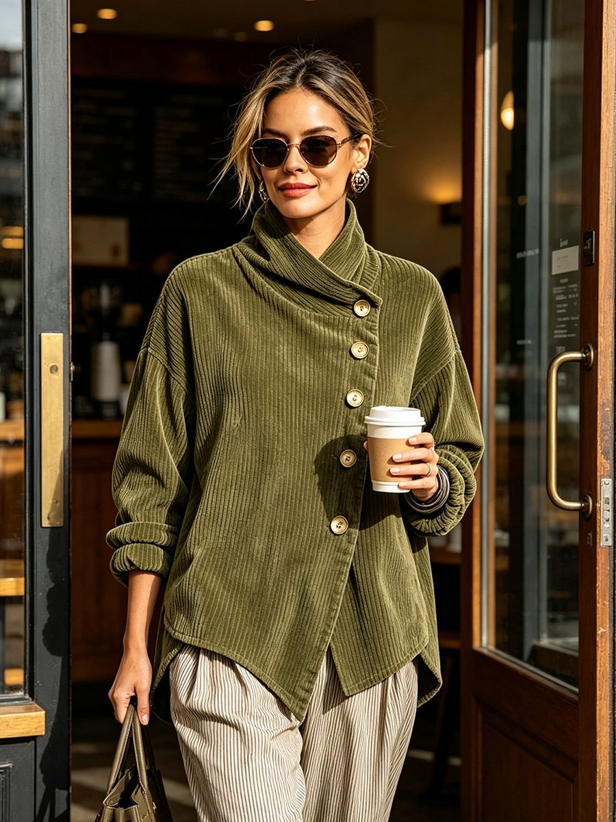 Woman in sunglasses wearing the olive corduroy sweater with striped trousers, holding a takeaway coffee in a doorway 2
