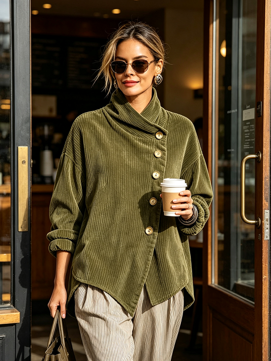 Woman in sunglasses wearing the olive corduroy sweater with striped trousers, holding a takeaway coffee in a doorway 2