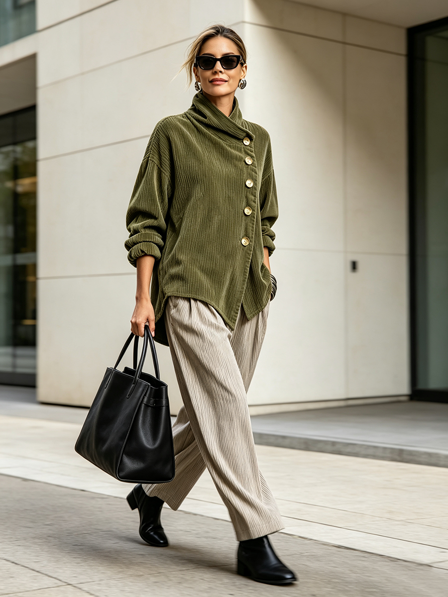 Full-length view of the olive corduroy sweater worn with wide beige trousers, black ankle boots and a black tote 3