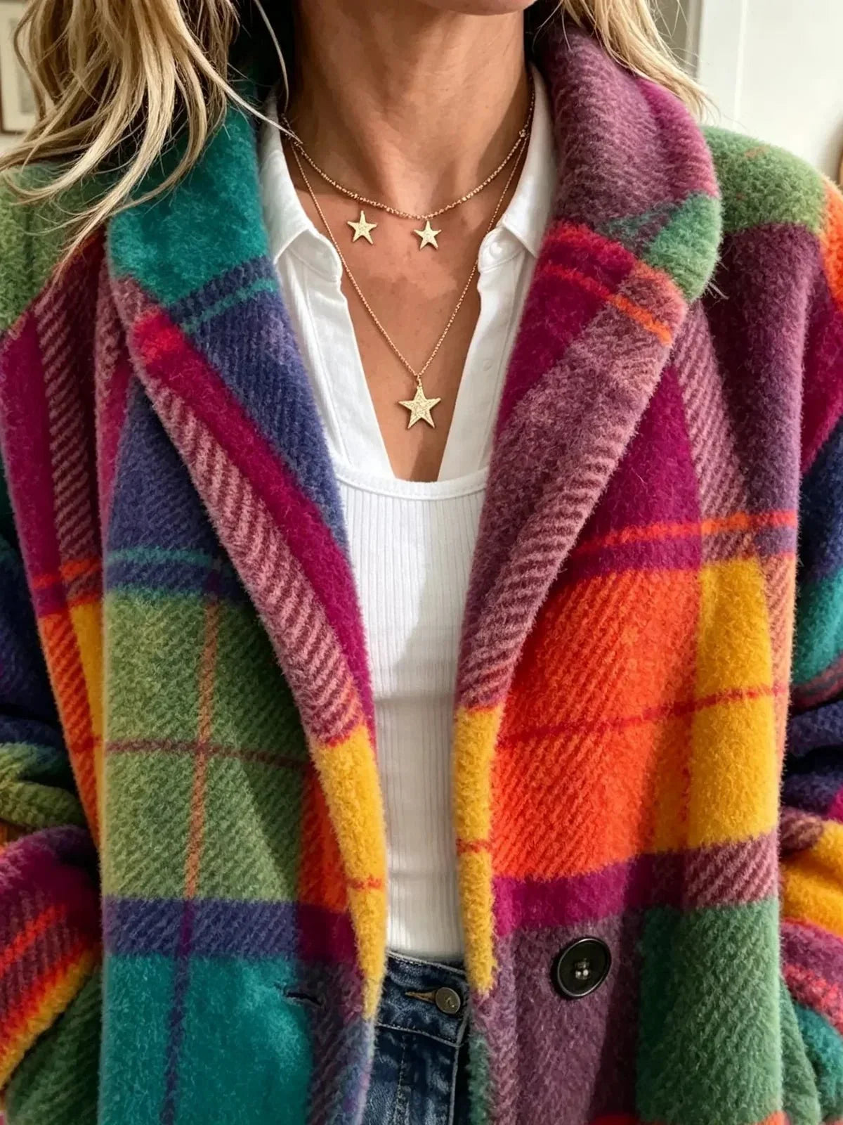 Close-up of the notched lapel and single button of the soft checked coat, worn over a white top with star necklaces. 3