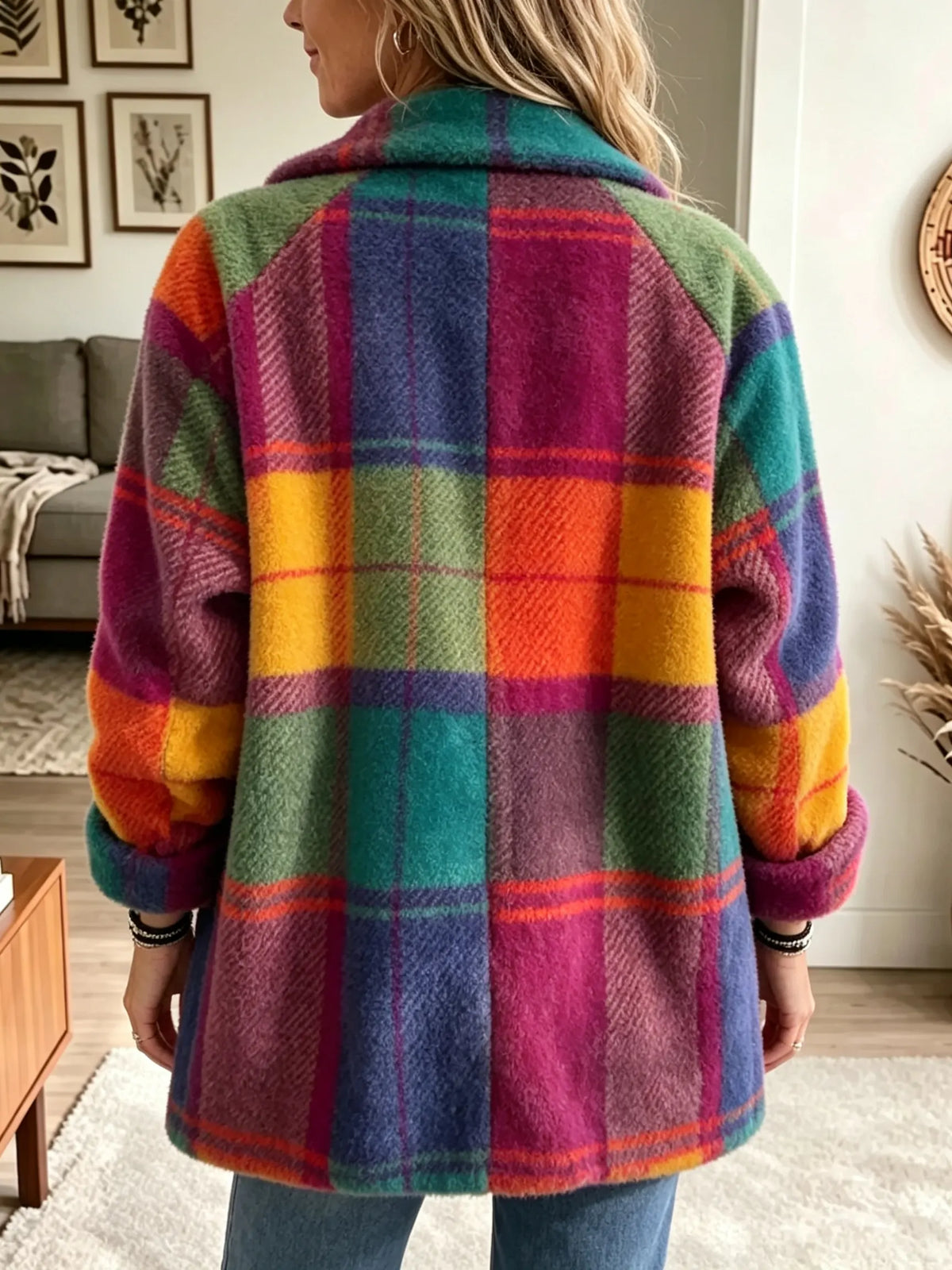 Back view of the oversized plaid coat on a model, showing the large colourful check pattern and turned-back cuffs. 3