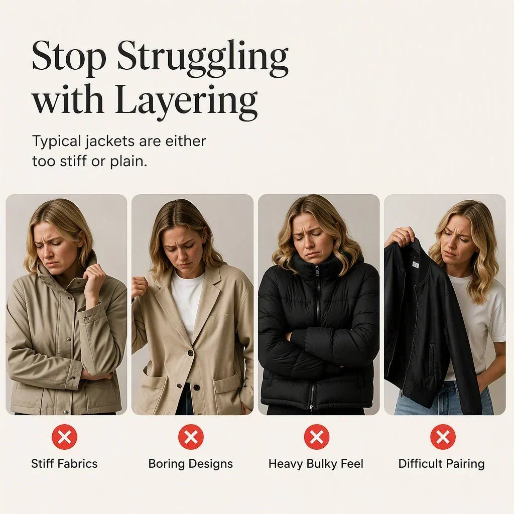 Four-panel comparison showing a woman frowning in stiff, plain and bulky jackets, each marked with a cross 5