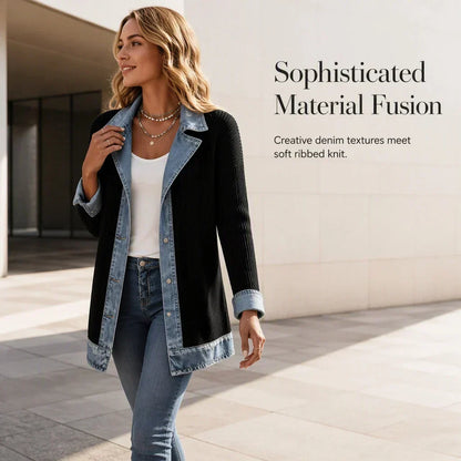 Woman in black ribbed knit coat with denim lapels and cuffs, walking past a pale modern building 6