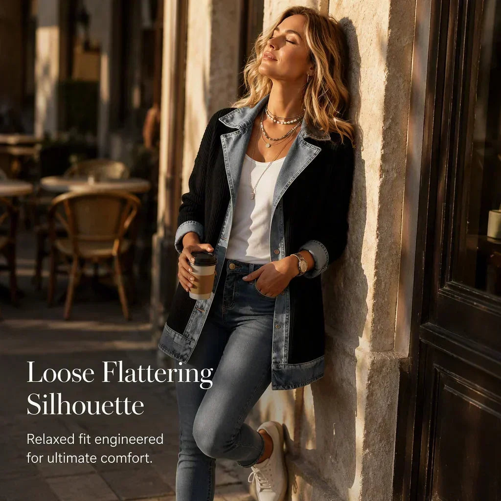 Model leaning against a stone wall outside a cafe, holding a takeaway coffee, in the loose black ribbed coat with denim edging. 7