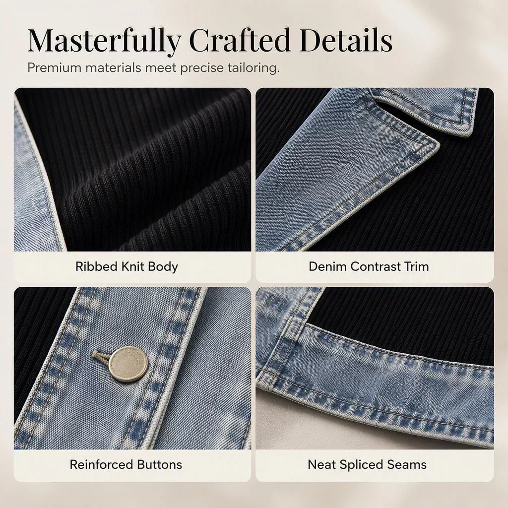 Four close-ups of construction details: ribbed black knit, denim contrast trim, reinforced button and neatly spliced denim seam. 9