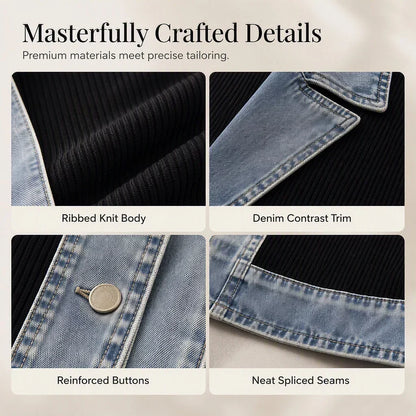 Four close-ups of construction details: ribbed black knit, denim contrast trim, reinforced button and neatly spliced denim seam. 9