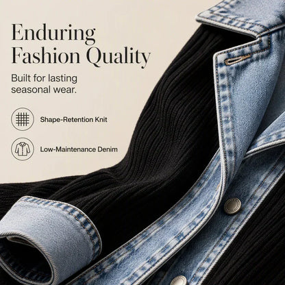 Flat lay of black ribbed knit with light denim collar, rolled cuff and metal buttons 10