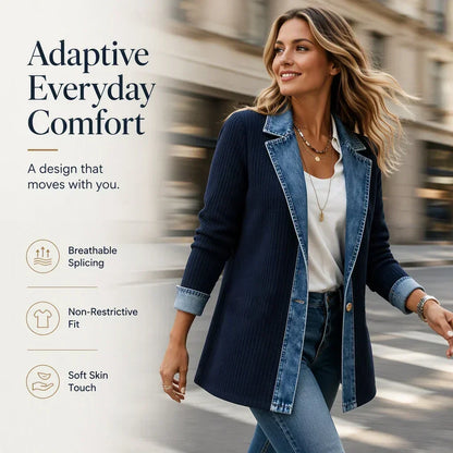 Model in motion on a city street wearing the navy ribbed coat with denim lapels and gold buttons, beside a comfort feature graphic. 11