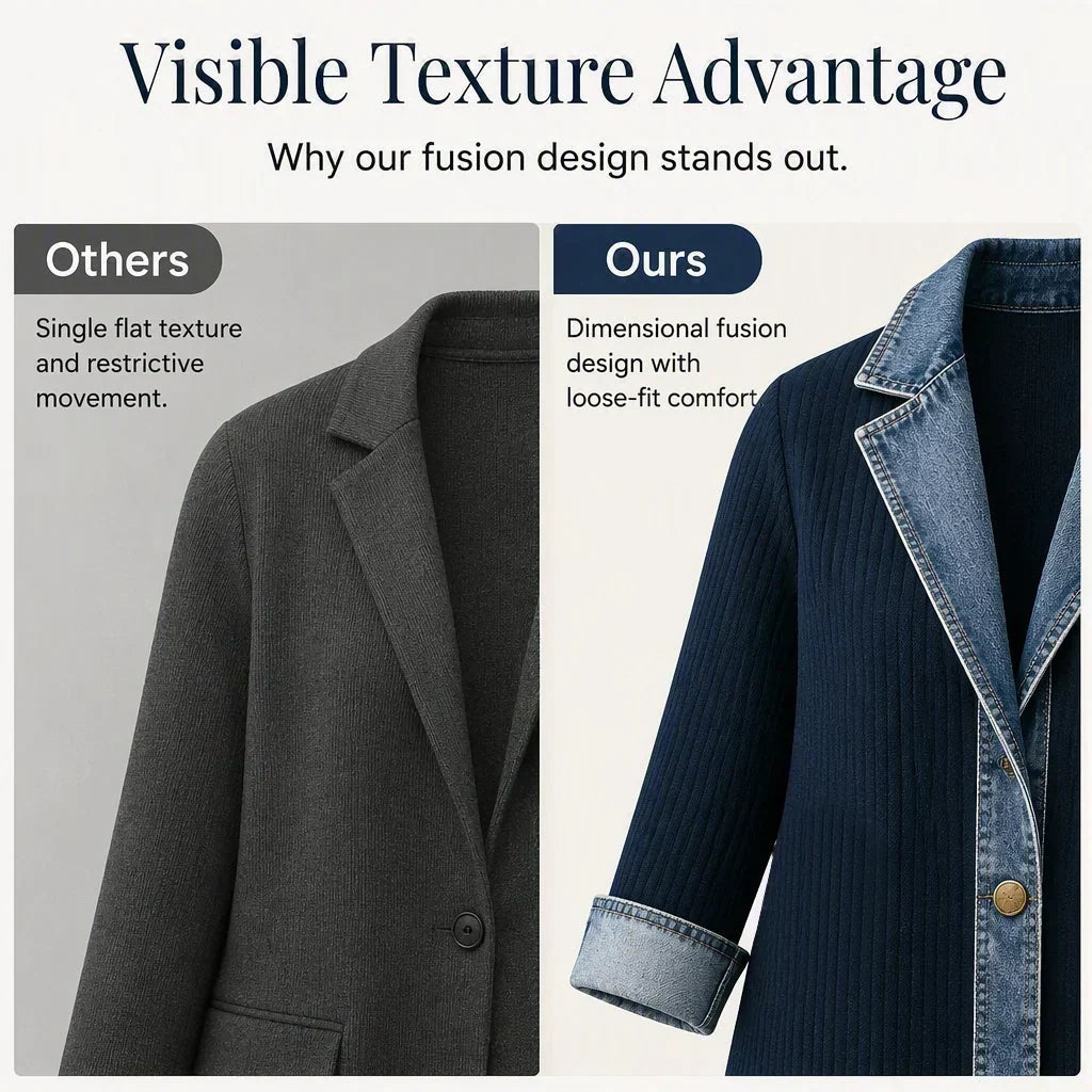 Side-by-side comparison of a plain grey blazer and the navy knit coat with denim lapels 12