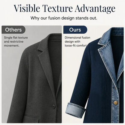 Side-by-side comparison of a plain grey blazer and the navy knit coat with denim lapels 12