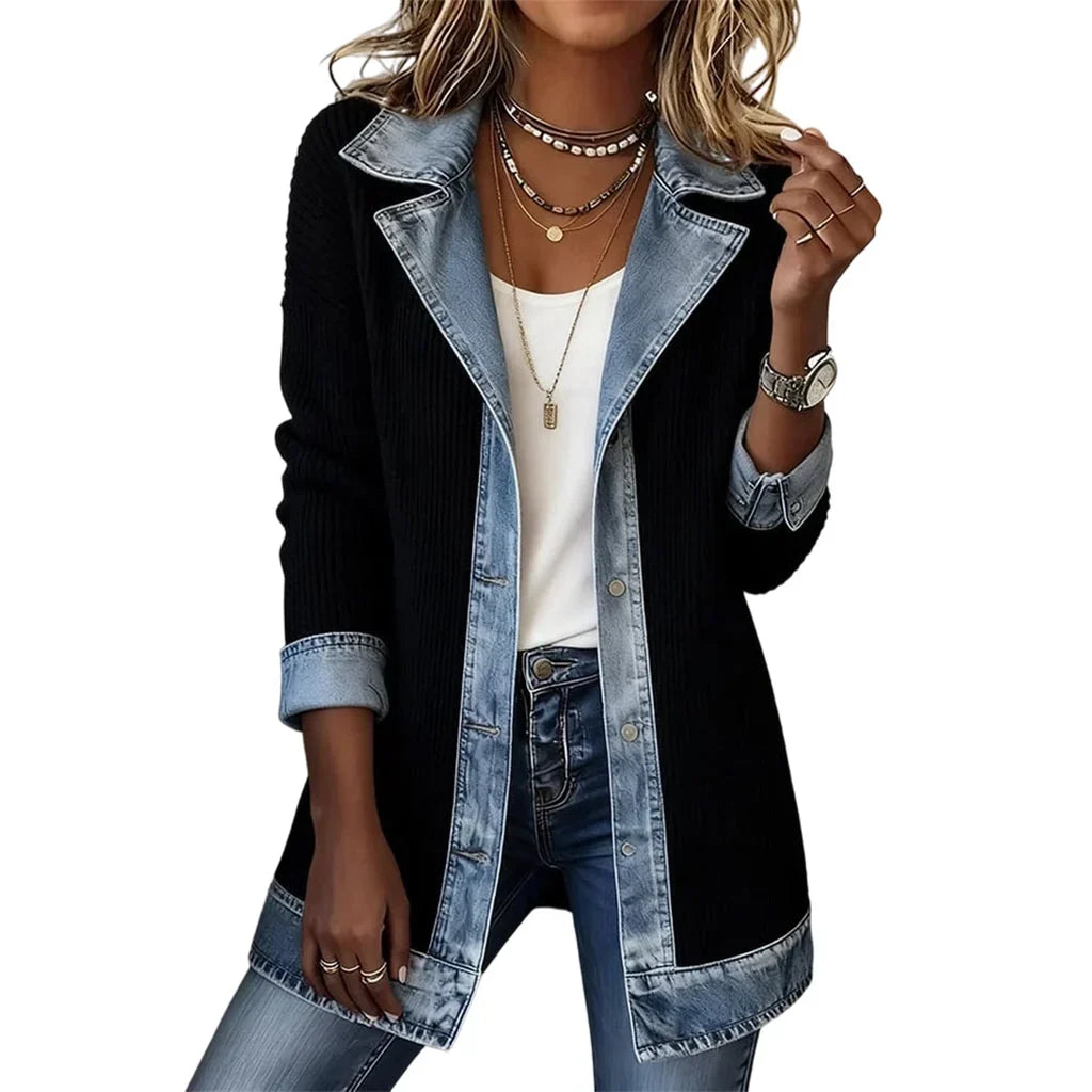 Front view of the black ribbed knit coat with denim lapels, cuffs and hem, worn open 13