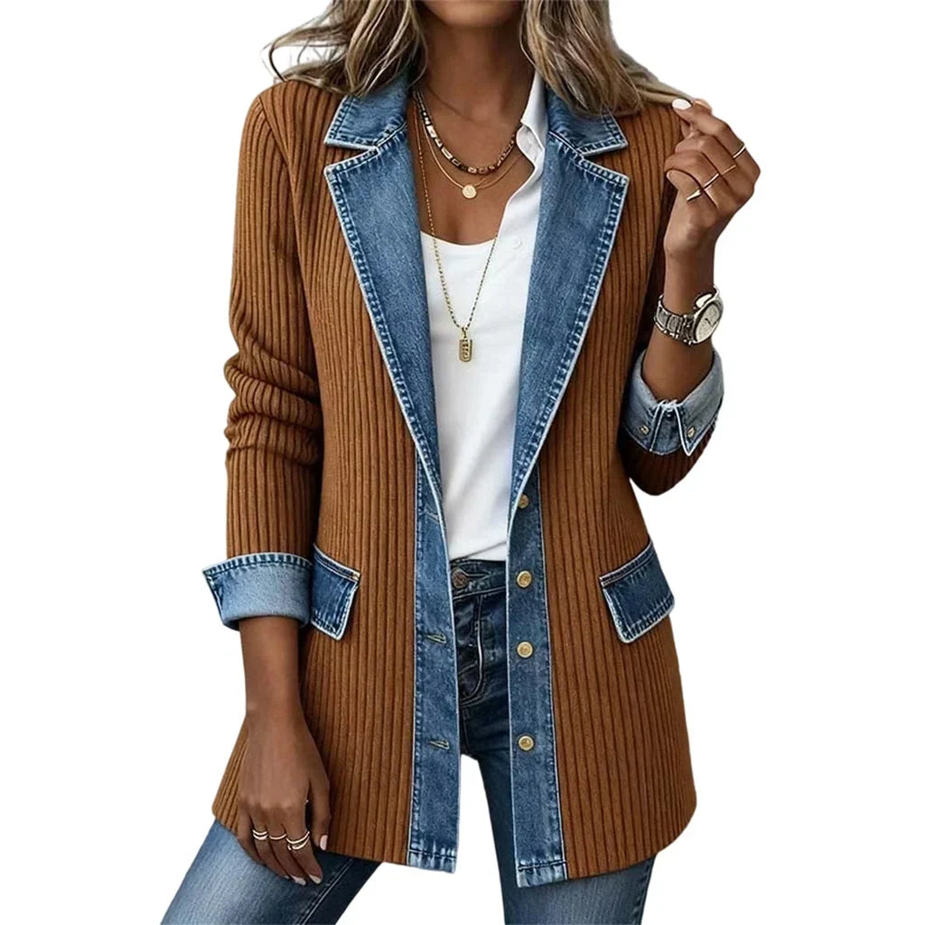 Front view of the brown ribbed knit coat with denim lapels, flap pockets and gold buttons 14