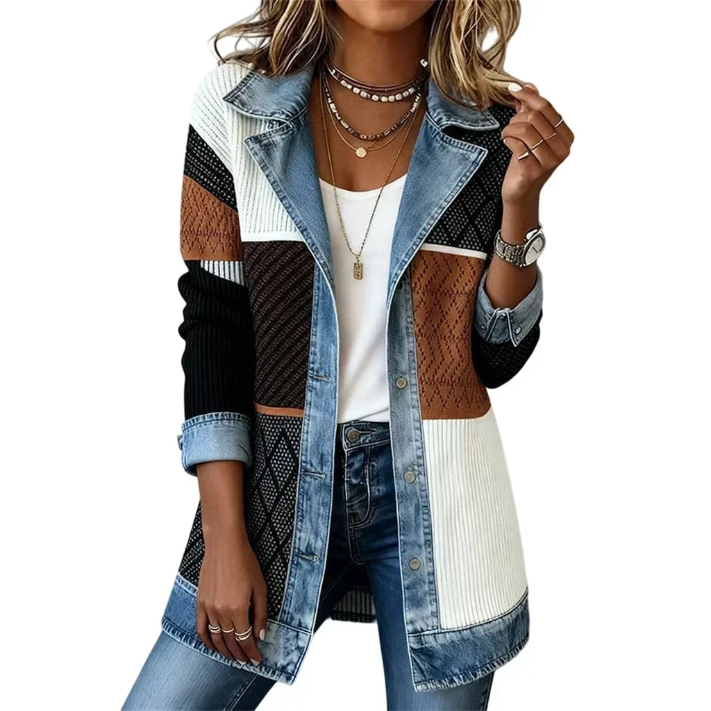 Front view of the patchwork version in white, black and brown knit panels with denim lapels 15