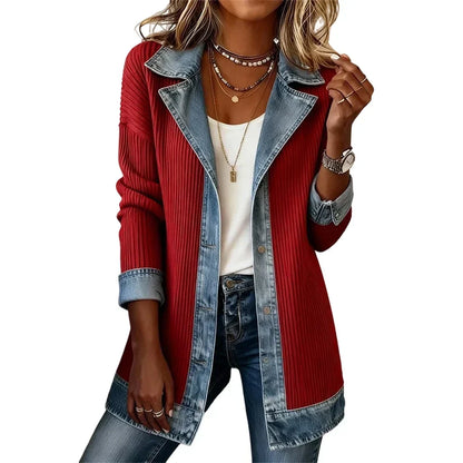 Front view of the red ribbed knit coat with denim lapels, cuffs and hem 18
