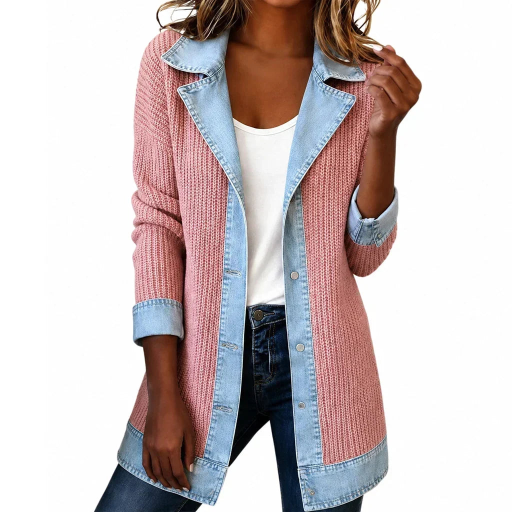 Pink chunky-knit coat with light denim collar, button placket, cuffs and hem, worn over a white top and dark jeans. 20