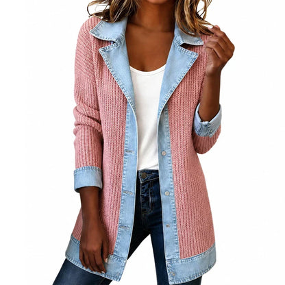 Pink chunky-knit coat with light denim collar, button placket, cuffs and hem, worn over a white top and dark jeans. 20