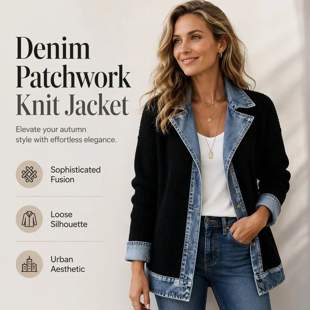 Model with one hand in her jeans pocket wearing the black ribbed coat with denim trim, beside a feature graphic with three icons. 4