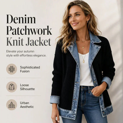 Model with one hand in her jeans pocket wearing the black ribbed coat with denim trim, beside a feature graphic with three icons. 4