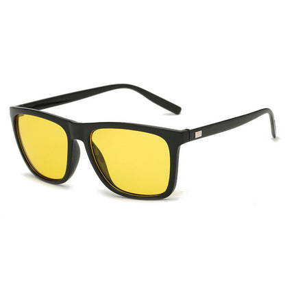 Angled view of black-framed sunglasses with bright yellow tinted lenses 10