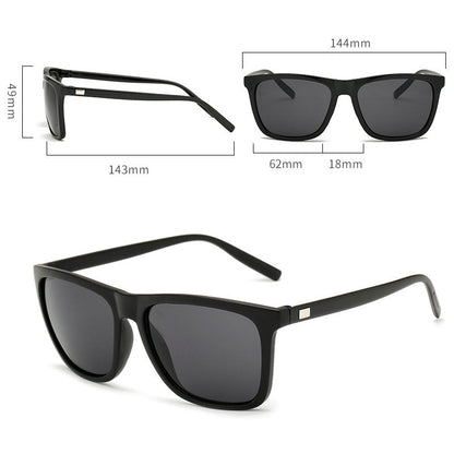 Black sunglasses with dimension diagrams marking frame width, lens width, bridge, height and arm length 4