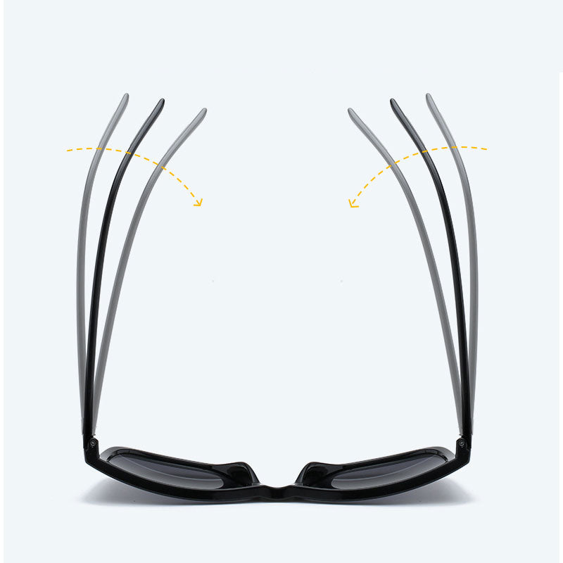 Top-down view of the sunglasses with arms shown in several positions, arrows indicating the flex of the temples 5