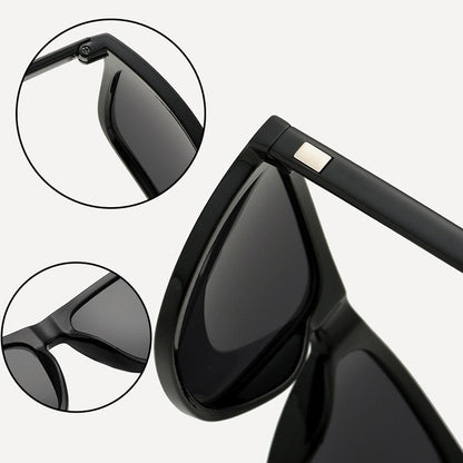 Close-up details of the hinge screw, metal plate on the arm and nose bridge of black sunglasses 6