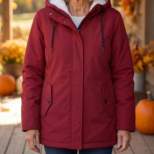 Close-up of the red parka worn outdoors, showing the drawcords and button flap pockets among autumn pumpkins 2