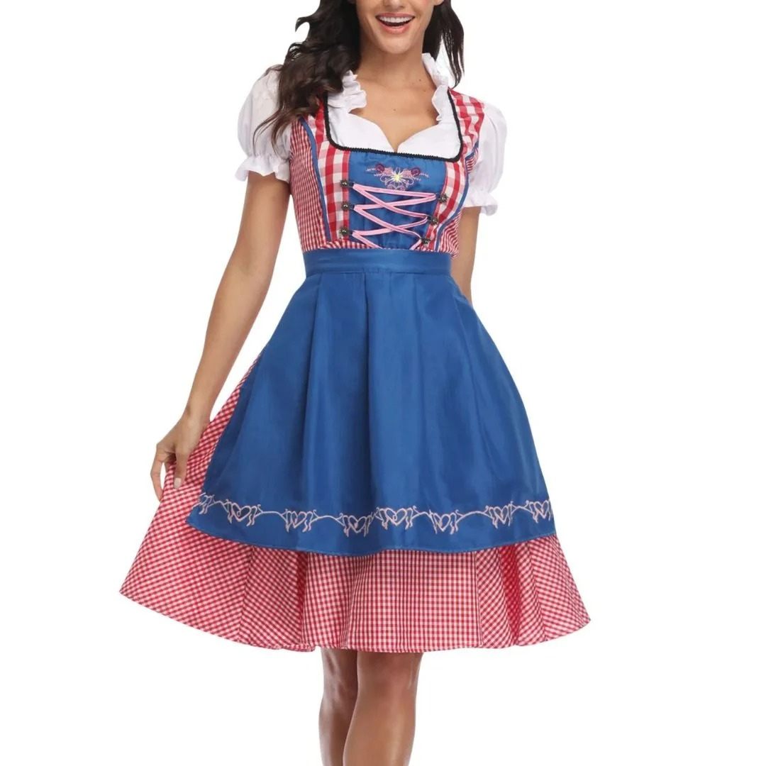 Front view of the red check dirndl with a bright blue apron, pink lace-up bodice and white puff-sleeve blouse. 3