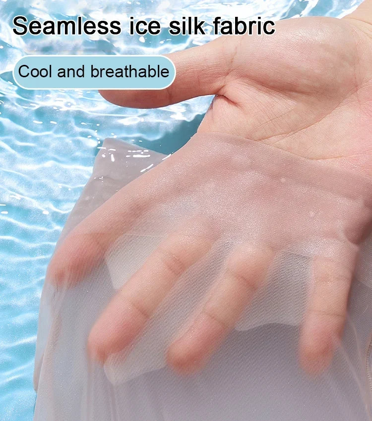 Close-up of a hand resting beneath a sheer, smooth fabric swatch against rippling water, showing the lightweight seamless material. 7