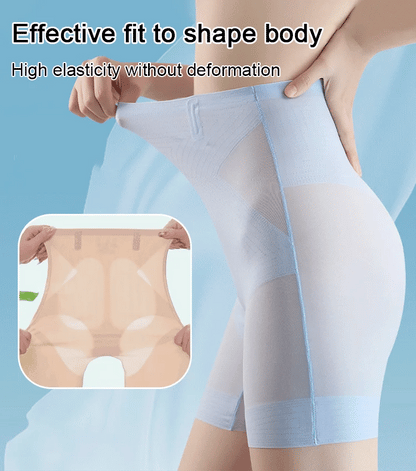 Pale blue high-waisted sheer shorts being stretched at the waistband on a model, with an inset showing the stretch on a beige pair. 1