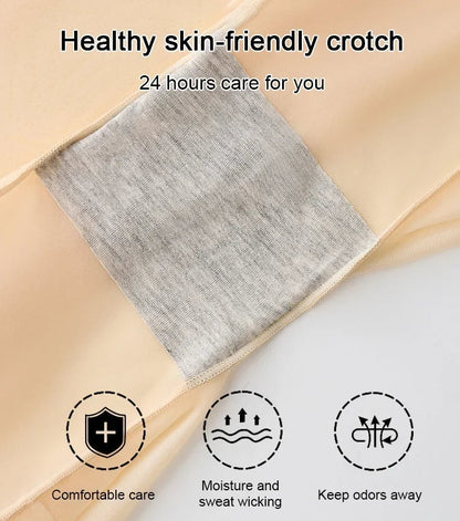 Inside of beige shorts showing a grey cotton-look gusset panel, with three small icons beneath for comfort, moisture wicking and odour control. 8